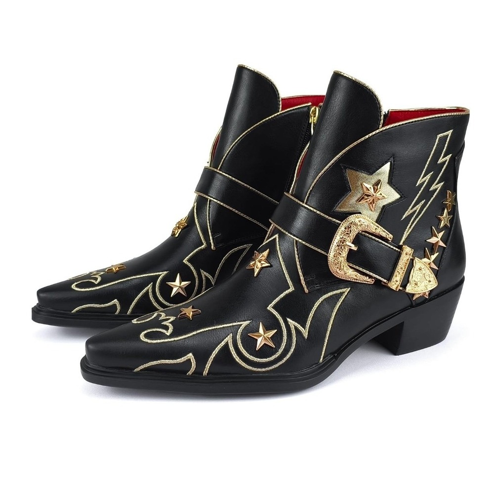 Ankle Boots Women 7.5 Black Gold Star Lightning Buckle Western Glam Rock New